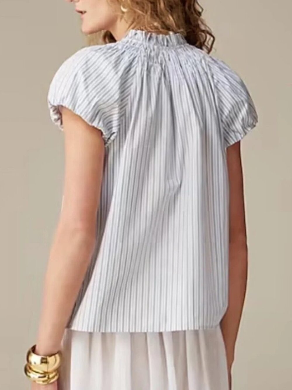 NWT J. Crew Smocked-Neck Striped Poplin Top, White/Blue, Medium - Picture 3 of 11